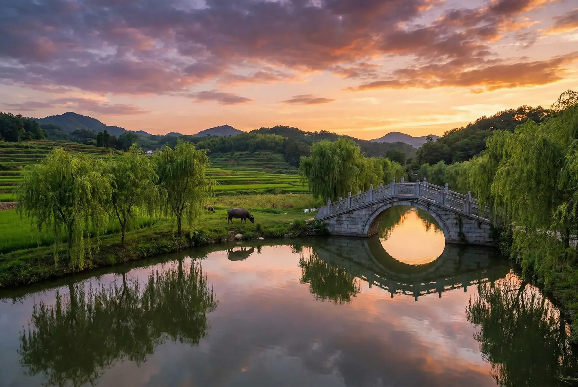 夕阳下的石拱桥与垂柳，水牛在河边吃草 - 爱的人韩国电影全集 乡村美景
